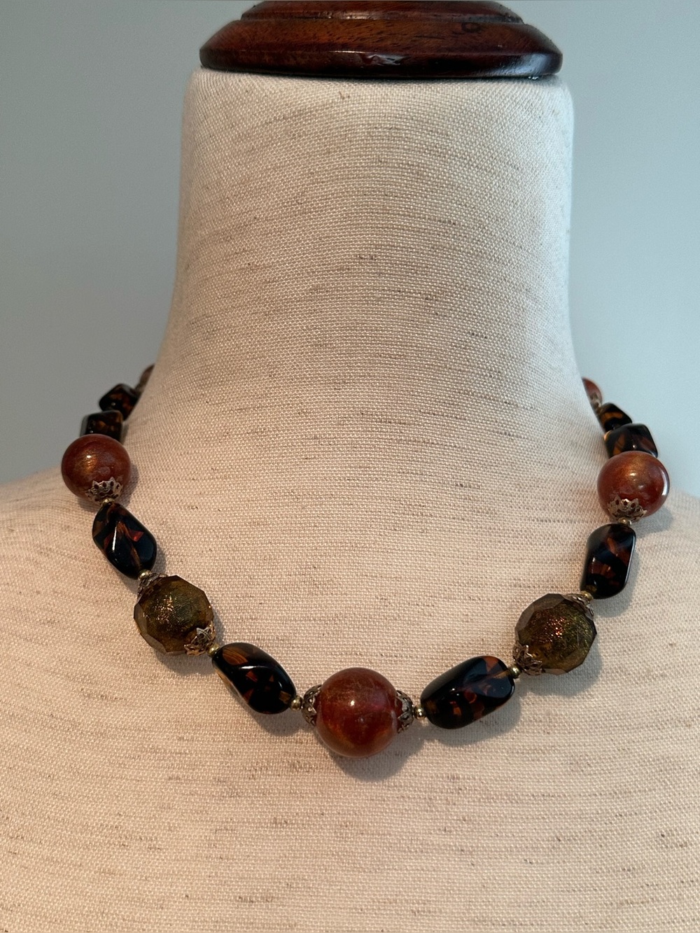 Trifari Art Glass Beaded Necklace in Earth-tone Brown and Gold